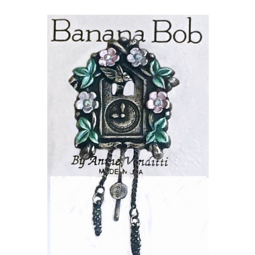 VTG BANANA BOB CUCKOO CLOCK W CHARMS SILVER ENAMEL